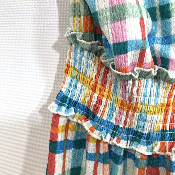 Cato Casual V-Neck Smocked Midi Dress Multi-Color Check Print S - Picture 5 of 10
